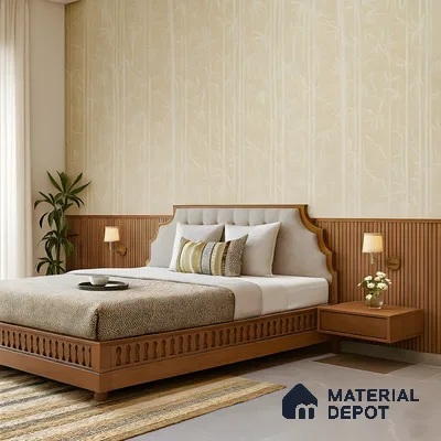 Japandi bedroom with beige bamboo patterned wallpaper and natural wood fluted wall panels in Ashoka Windows and Annexe Kaggadasapura 3 BHK apartment Bengaluru