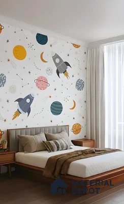 Mid-century modern kids room with space-themed wallpaper and wooden bed in Ashoka Windows and Annexe Kaggadasapura 3 BHK apartment Bengaluru