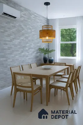 Scandinavian dining room with light oak wood furniture and grey brick-look wall tiles in Ashoka Windows and Annexe Kaggadasapura 3 BHK apartment Bengaluru
