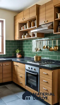 Modern kitchen with oak wood laminate cabinets, green subway backsplash tile, and black granite countertop in Ashoka Windows and Annexe Kaggadasapura 3 BHK apartment Bengaluru
