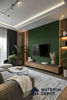 Modern living room with green textured accent wall, oak wood laminate TV unit, and wooden louver panels in Ashoka Windows and Annexe Kaggadasapura 3 BHK apartment Bengaluru