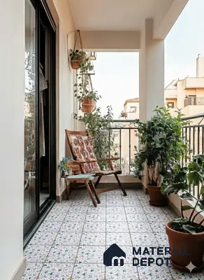Scandinavian balcony with terrazzo floor tiles and potted plants