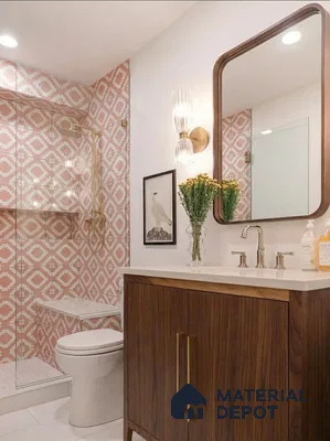 Modern bathroom with pink geometric patterned wall tiles and walnut wood vanity