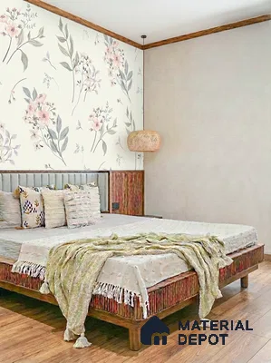 Scandinavian bedroom with floral wallpaper, ribbed wood bed, and light wood flooring