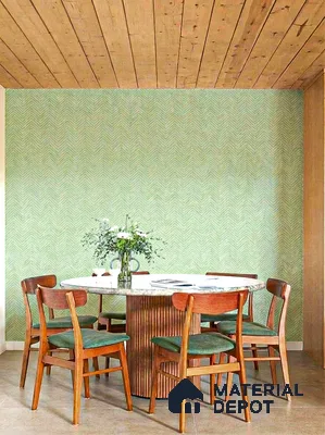 Mid-century modern dining room with green chevron wallpaper, wooden ceiling, and marble top dining table