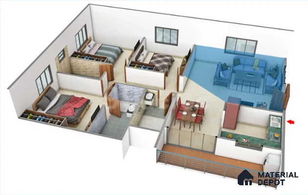 Modern living room with beige floor tiles and blue sectional sofa