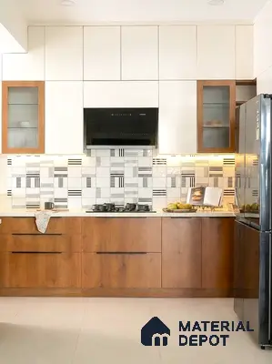 Modern kitchen with white and walnut brown laminate, geometric patterned backsplash tile, and quartz countertop