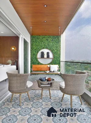 Modern balcony with patterned blue and beige floor tiles, wooden ceiling, and artificial green wall
