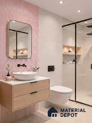 Scandinavian bathroom with pink fluted wall tiles, light oak vanity, and matte beige floor tiles
