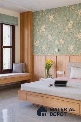 Japandi bedroom with natural wood, green floral wallpaper, and marble floor tile