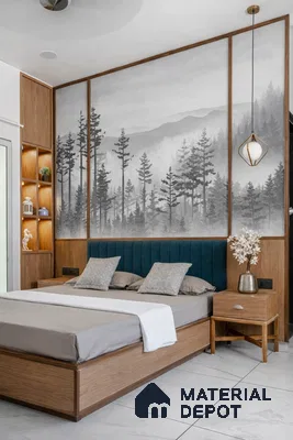 Scandinavian bedroom with wood laminate bed, forest mural wallpaper, and marble floor tiles