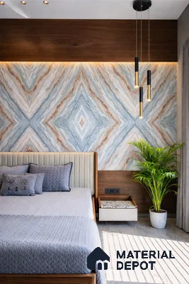 Modern bedroom with bookmatch marble-look wallpaper, walnut wood panel, and suede upholstered bed