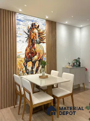 Modern dining room with wood slat wall panels, horse mosaic accent, and white high gloss dining table