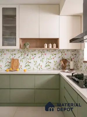 Modern kitchen with sage green laminate, frosty white laminate, and floral patterned backsplash tiles
