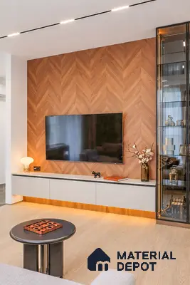 Modern living room with chevron wood laminate TV wall and light oak wooden flooring