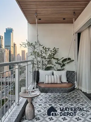 Scandinavian balcony with patterned geometric floor tiles and wood ceiling panels