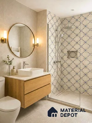 Scandinavian bathroom with patterned blue and beige shower wall tiles and light oak floating vanity