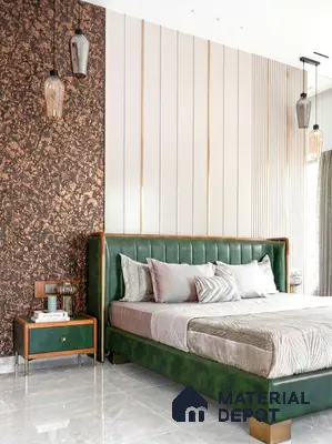 Modern bedroom with metallic textured accent wall, green suede upholstered bed, and marble floor tiles