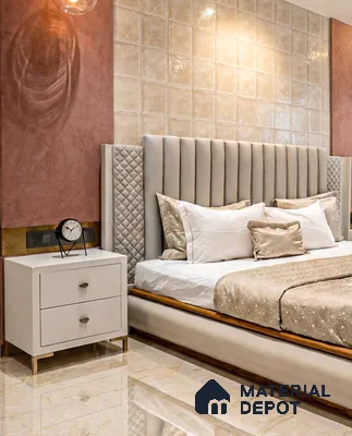 Modern bedroom with beige suede upholstered bed, textured beige wall tiles, and glossy marble floor tiles