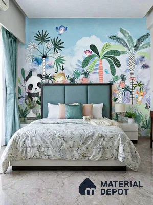 Modern kids room with tropical animal print wallpaper and marble floor tiles