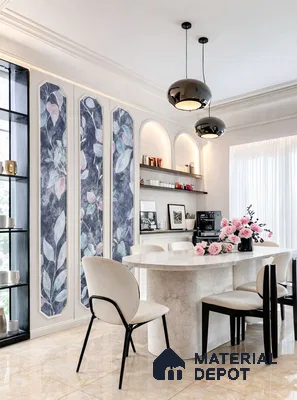 Modern dining room with marble dining table, floral wallpaper panels, and glossy beige marble floor tiles