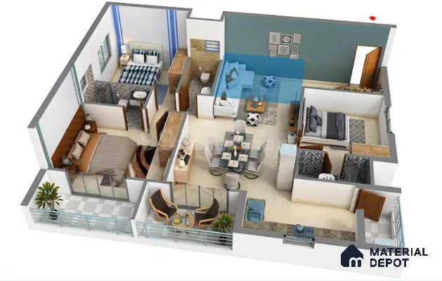 Modern Floor Plan with teal accent wall, beige floor tiles, and light wood furniture