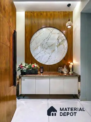 Modern foyer with walnut wood laminate, white marble-look accent, and glossy white cabinet