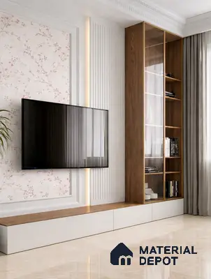 Modern TV unit with floral wallpaper, walnut wood laminate, and white marble floor tile