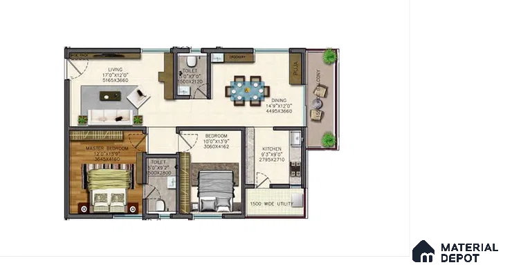 Modern apartment floor plan with wood flooring in bedroom, tile flooring in living, dining, and kitchen