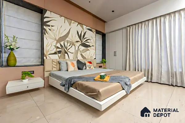 Modern bedroom with floral wallpaper accent, beige marble floor tiles, and white laminate wardrobe