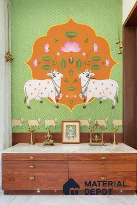 Traditional pooja room with pichwai wallpaper, white marble countertop, and walnut wood laminate drawers