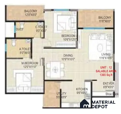 Modern 2BHK apartment floor plan with kitchen, living, dining, bedrooms, balconies, and utility
