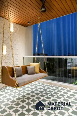 Modern balcony with patterned green and white floor tiles, wooden ceiling, and 3D textured wall panel