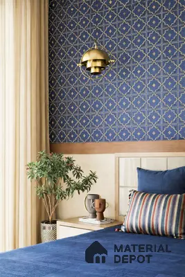 Mid-century modern bedroom with blue geometric patterned wallpaper and beige wood accents