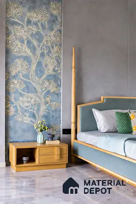 Scandinavian bedroom with blue chinoiserie wallpaper, natural wood bed frame, and marble floor tile