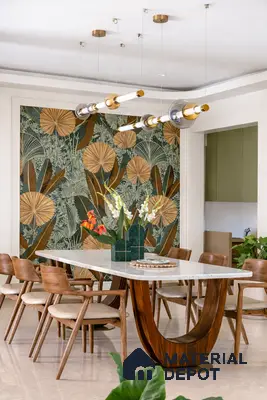Mid-century modern dining room with tropical wallpaper, white marble tabletop, and walnut wood chairs