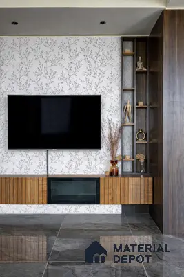 Modern TV unit with floral wallpaper, walnut wood laminate, and grey marble floor tile