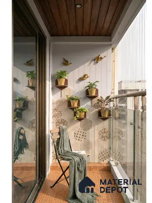 Modern balcony with patterned hexagonal wall tiles, terracotta floor tiles, and wooden ceiling panels