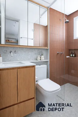 Scandinavian bathroom with terracotta fluted wall tiles, terrazzo floor tiles, and natural wood vanity