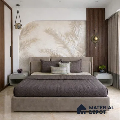 Modern bedroom with beige palm patterned wallpaper, suede upholstered bed, and walnut brown fluted wall panel