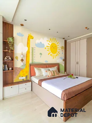 Modern kids room with animal-themed wallpaper, pastel beige laminate wardrobe, and light wood flooring
