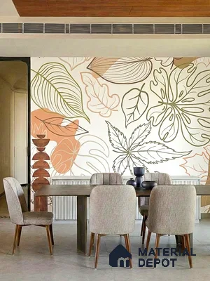 Modern dining room with abstract botanical wallpaper and taupe upholstered chairs