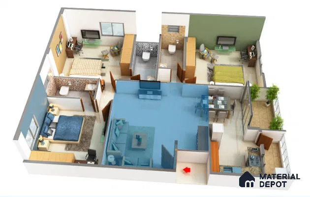 Modern Floor Plan with glossy beige floor tiles and open plan layout