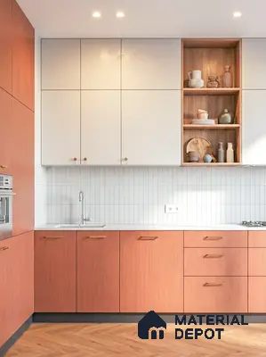 Scandinavian kitchen with warm wood laminate, frosty white laminate, and vertical white subway backsplash tiles