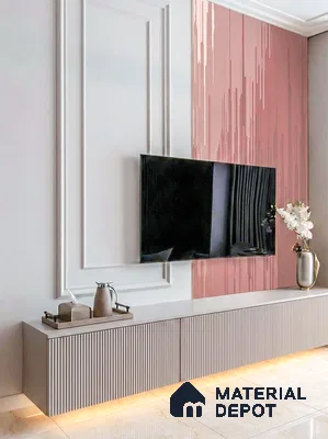 Modern TV unit with blush pink abstract wall panel and fluted beige laminate cabinet