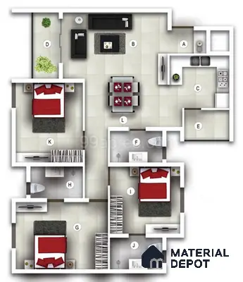 Modern apartment floor plan with tiled flooring and modular kitchen layout