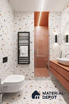 Modern bathroom with terrazzo wall and floor tiles and terracotta vanity