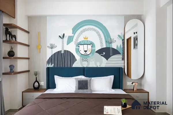 Modern kids room with playful animal wallpaper, teal upholstered headboard, and wooden floating shelves