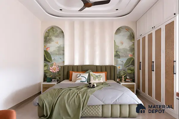 Eclectic bedroom with chinoiserie wallpaper, olive green suede upholstered bed, and cane wardrobe shutters