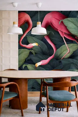Eclectic dining room with tropical flamingo wallpaper and wooden dining set